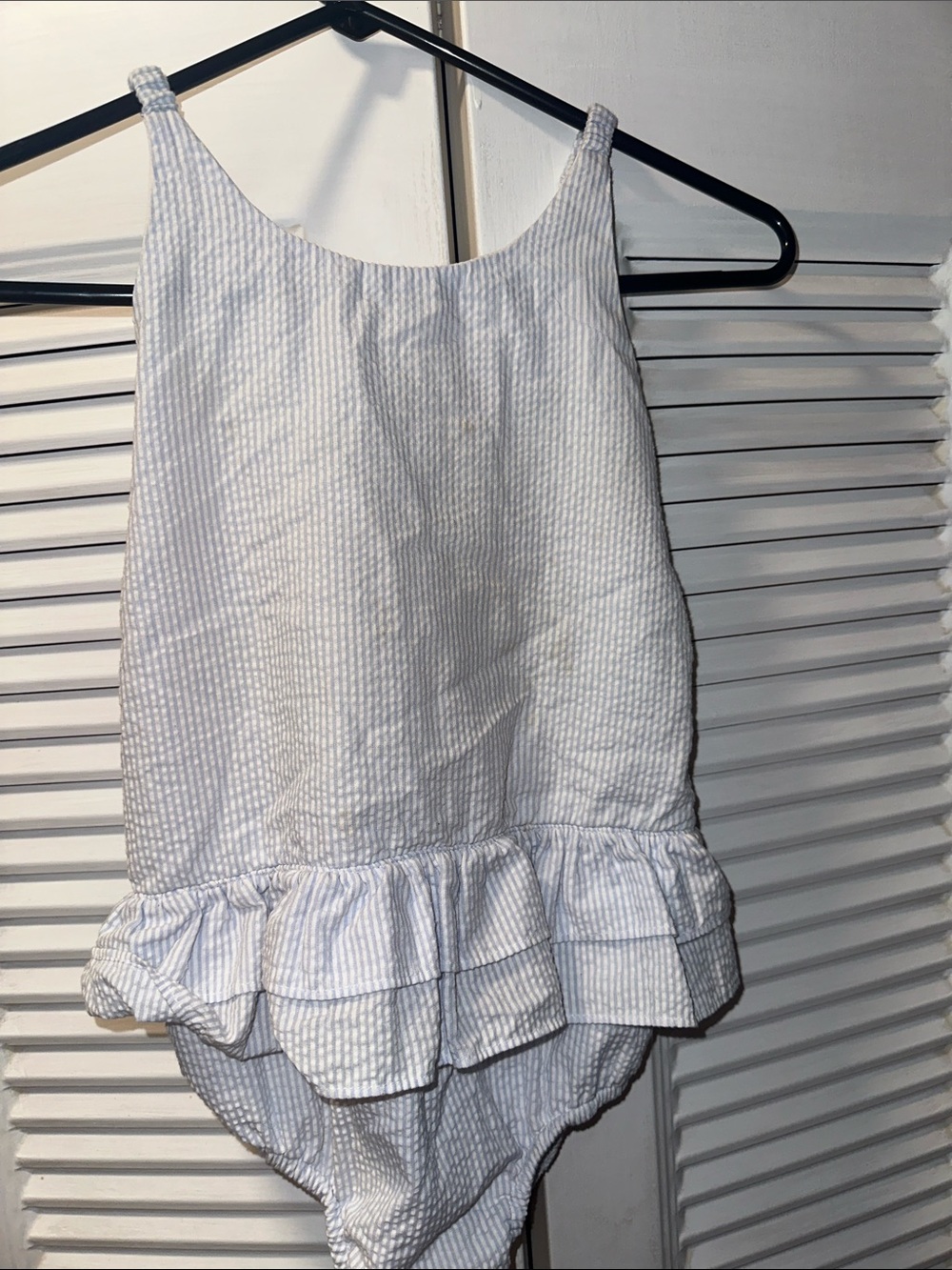 Classic Girls' White & Light Blue Striped One-Piece Swimsuit with Ruffle